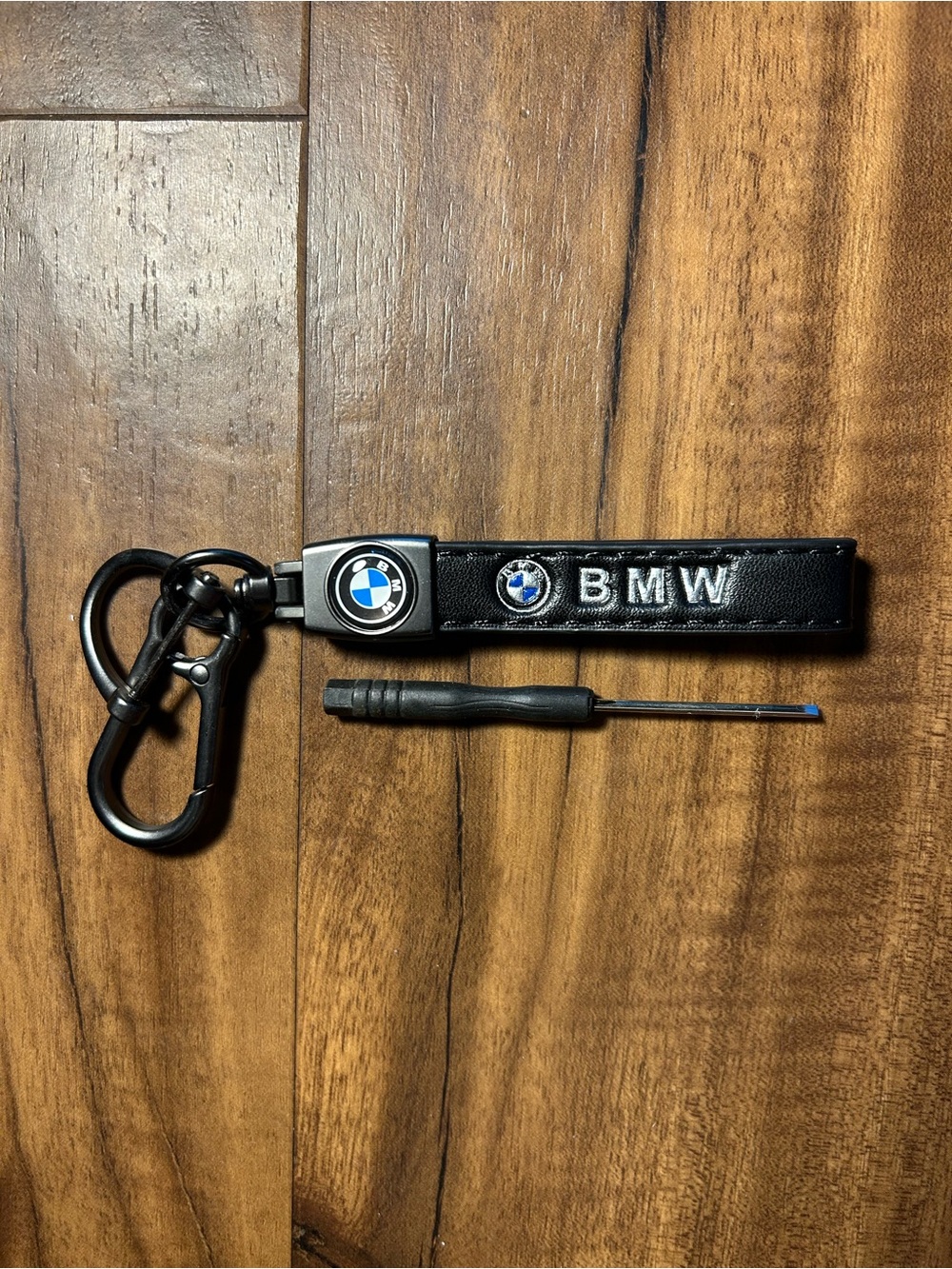 BMW Black Leather Key & Carabiner Key Holder with Logo Emblems